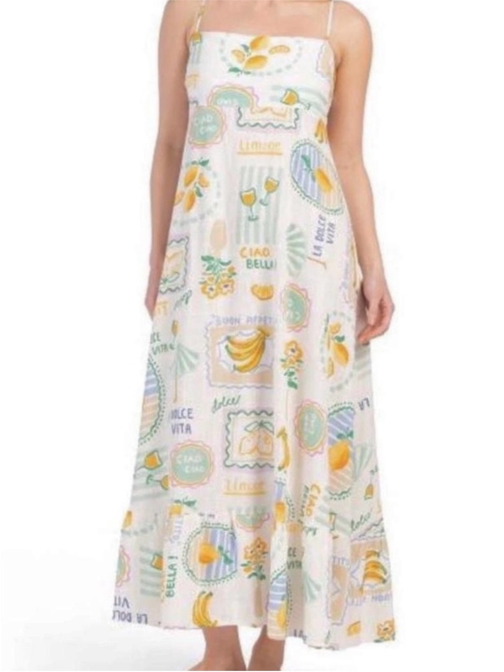 Paper Heart Linen Blend Maxi Dress with Pastel Italian Fruit
Print
